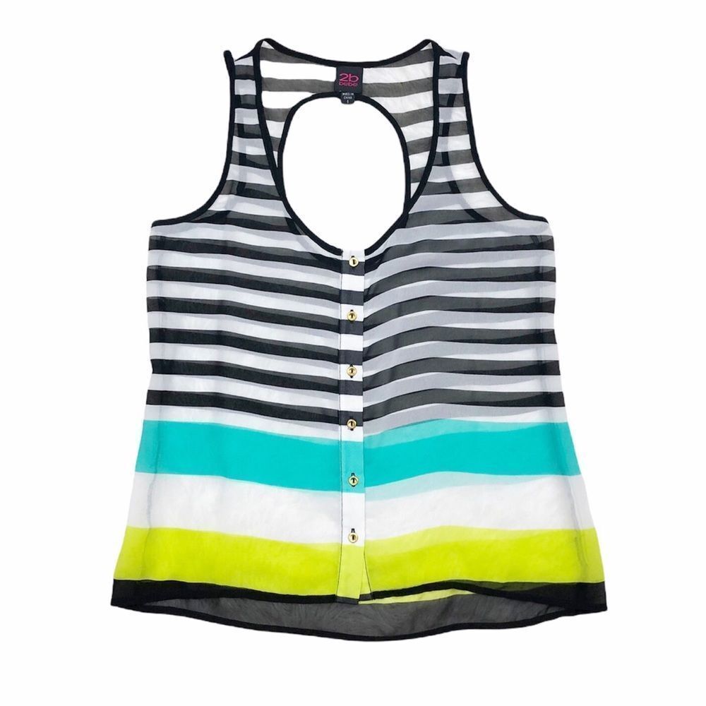 2B Bebe Black White Striped Sheer Button Down Tank Top Size Small